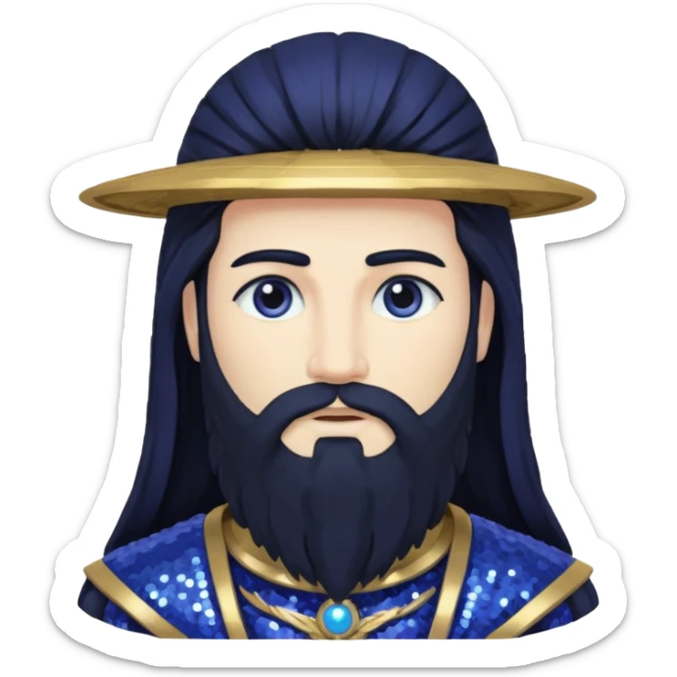 Saturn, God of Time from Gods and Goddesses with long black hair and beard, indigo sequin outfit sticker