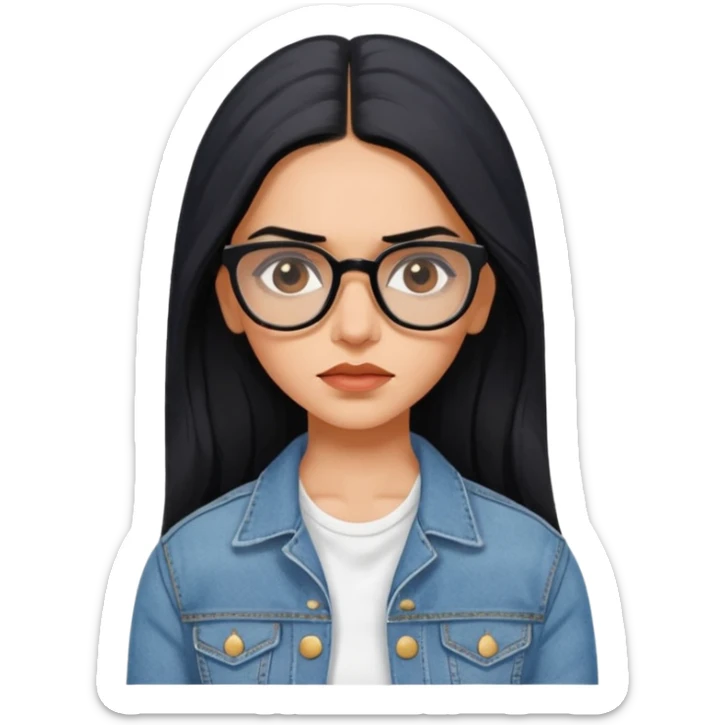 generate a pretty bratz emoji 
Make her wear a white dress with a denim jacket over it.long  black hair side part 

She should look exactly  like Deepika padukone! wearing tiny rectangular spectacle, looking sad sticker
