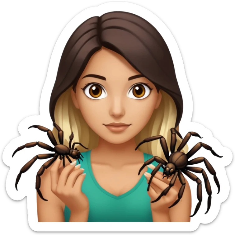Attractive and athletic Mexican woman in her 20s with dark brown hair with a blonde ends, with a tarantula sticker
