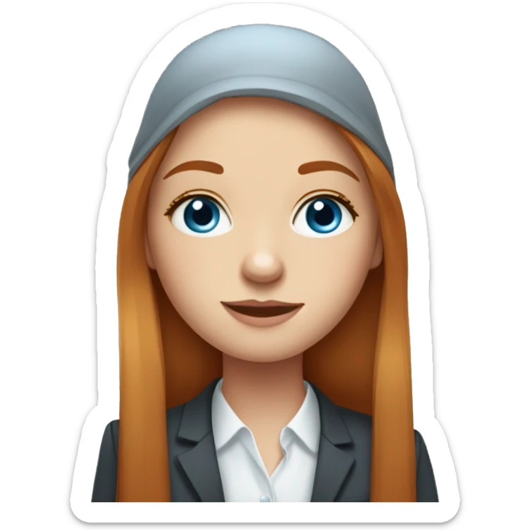 Cute portrait of girl in bussines with long straight ginger hair, freckles and blue eyes and she is very cute amd classy sticker