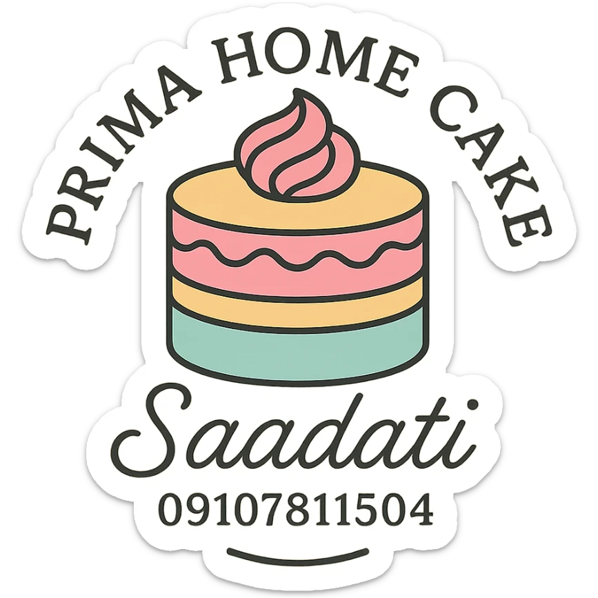 A stylish logo for 'Prima Home Cake' with the text 'Saadati 09107811504' in a printable format, elegant script font, pastel colors, suitable for cake decoration sticker