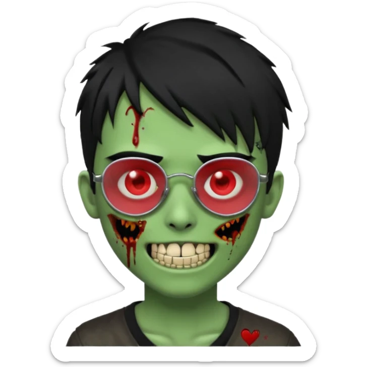 Zombie emo boy, green skin and black hair, chrome heart glasses and a scary cut open smile, scars and blood under eyes sticker