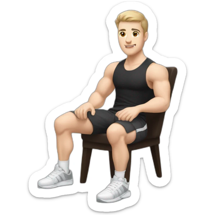 Pale skinned Fit Man With the biceps and dark brown hair in black shirt, gray sports shorts and white Sneakers Sitting on a chair sticker