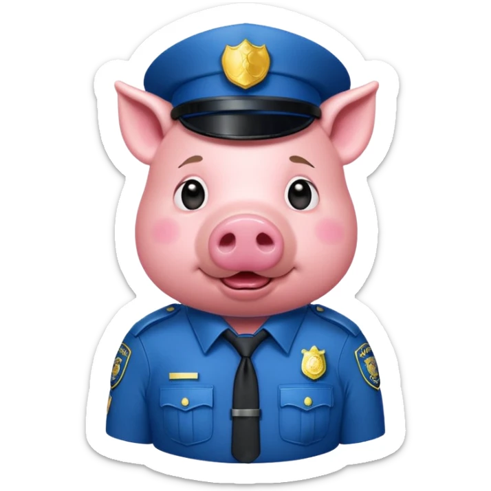 a pig, upright, in a police officer uniform, drooling and looking to the bottom left sticker