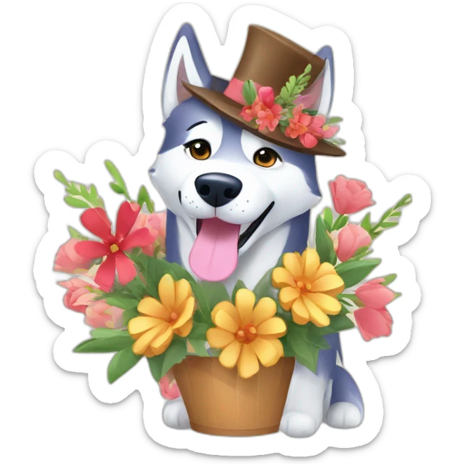 husky dog with a bouquet of flowers in a festive hat and congratulation word sticker