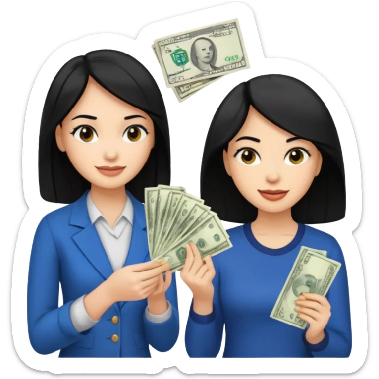 Chica cabello negro, en el marketing digital, que esté preocupada por facturas y otra que esté alegre de ganar dinero  sticker