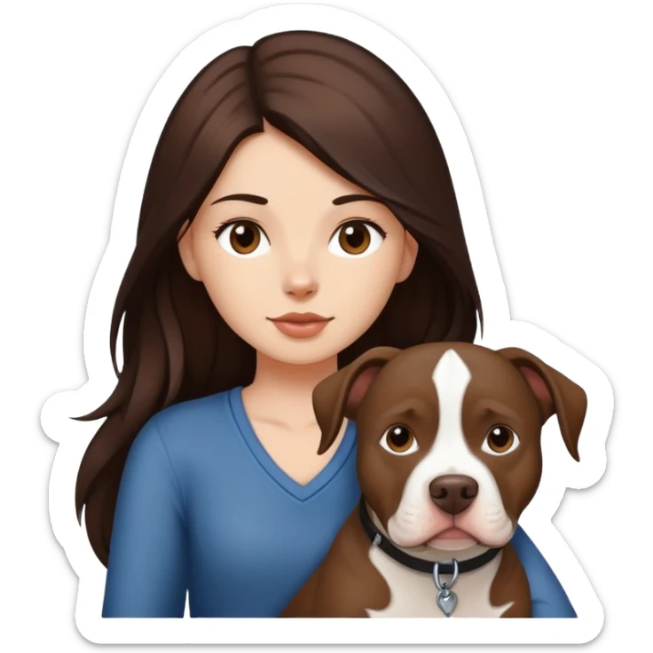 girl with dark brown long hair with her pitbull dog brown and white sticker
