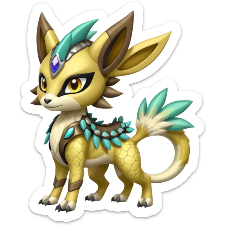 Colorful masked armored leathery scaly furry Futuristic Meloetta-Manectric-Solgaleo-Raikou-Pokémon-Digimon-Fakémon-fusion-hybrid-creature sticker