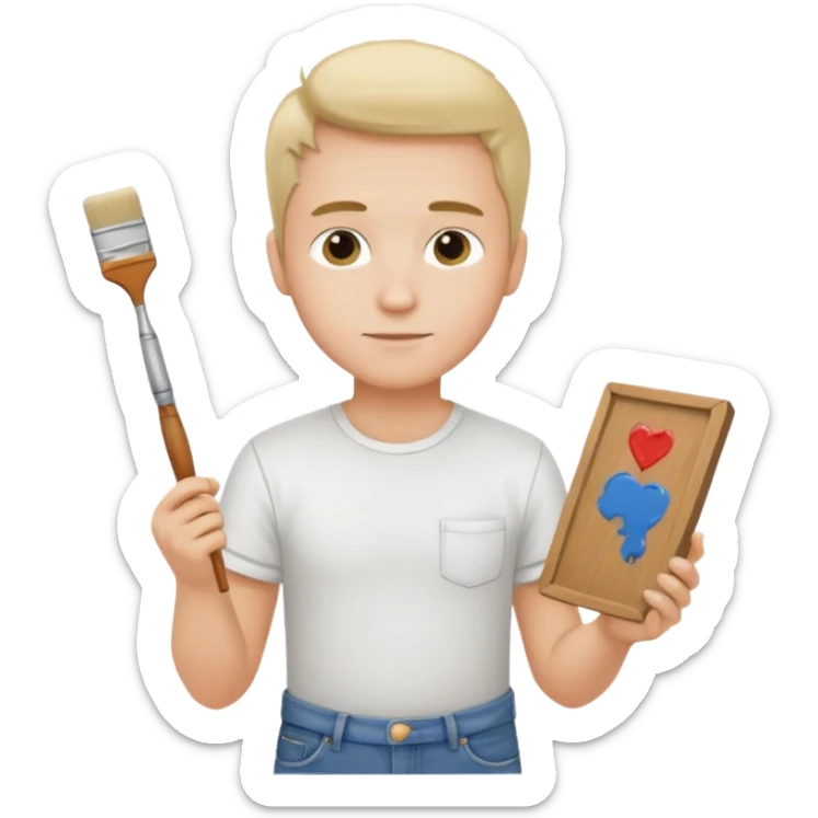 the white artist stands with his back to the painting, painting a portrait sticker