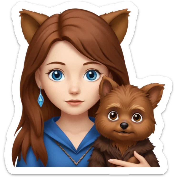 long hair chestnut color blue eyes woman holding small pointy ear ewok dog sticker