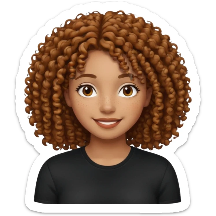 iPhone-style avatar icon of a female with curly hair, medium brown skin, freckles, black shirt, soft and approachable sticker
