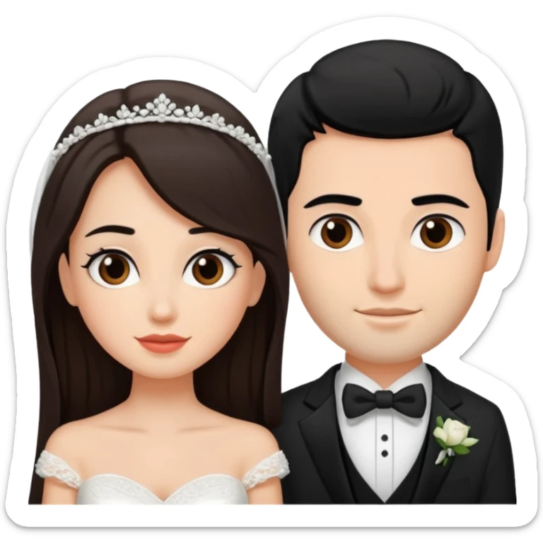 A bride and a groom. The woman is with dark brown hair, the man with black  sticker