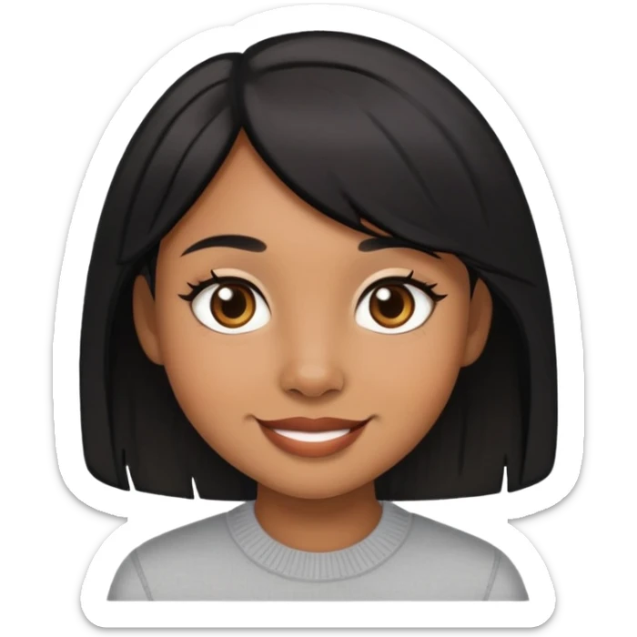light brown skin girl with small lips, black layered hair, doe eyes, smiling sticker