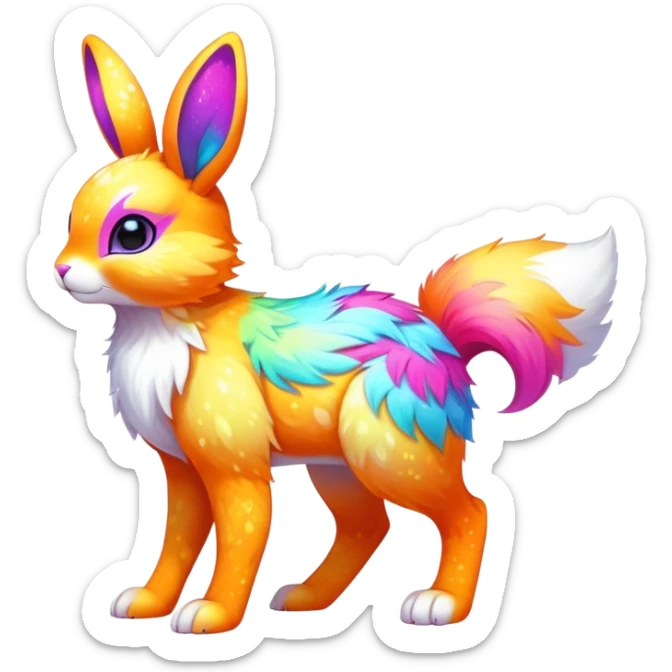 Vibrant multicolored neon-colored Falvie-Fionbri-creature-sparkle-bunny-hybrid-fursona, full body, fur pattern-markings sticker