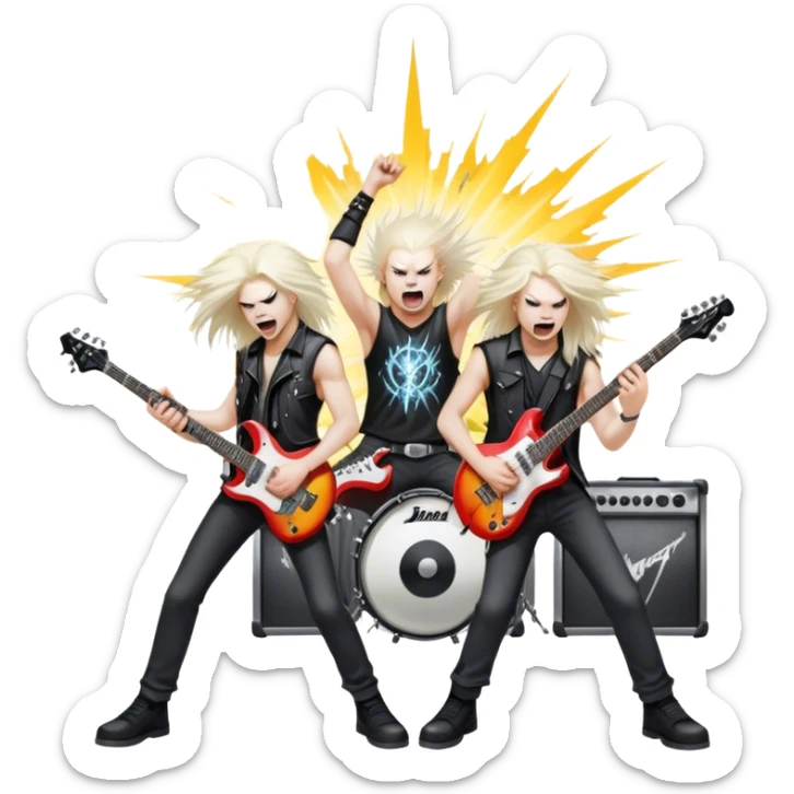 Icon for Heavy Metal Music: band on stage with electric guitars, drums and intense lighting. Musicians headbanging, surrounded by energy and stage effects, capturing the power and intensity of a metal concert. Transparent background. sticker