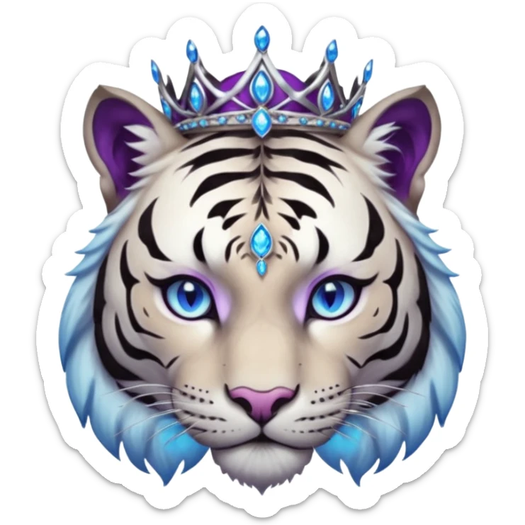 ESO Female white/black tiger khajiit leader of the umbral rose, glowing blue eyes, glowing blue 'third eye' gem; purple gemmed silver tiara sticker