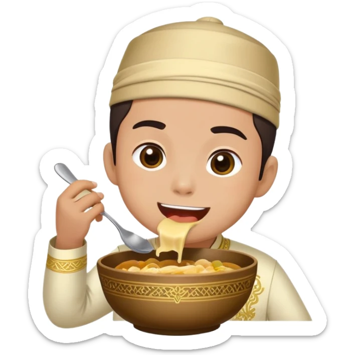 sticker of one handsome boy wearing songkok and baju melayu with sampin having tics and eating big bowl sticker