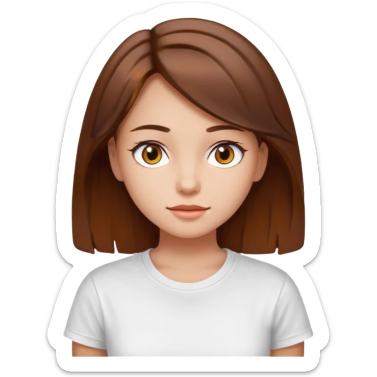 A Girl with Brown hair and Brown eyes with a t-shirt White. The t-shirt have un  sticker