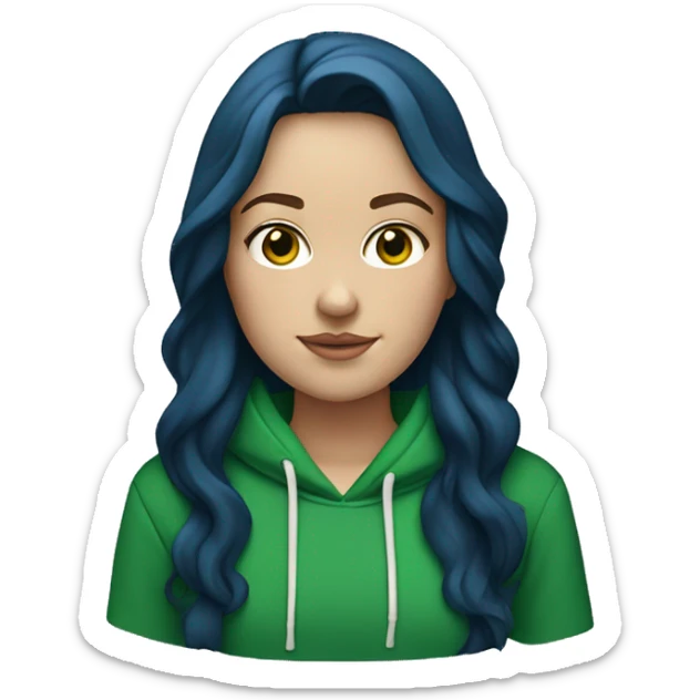 white girl with long wavy dark blue middle parted hair wearing green hoodie sticker