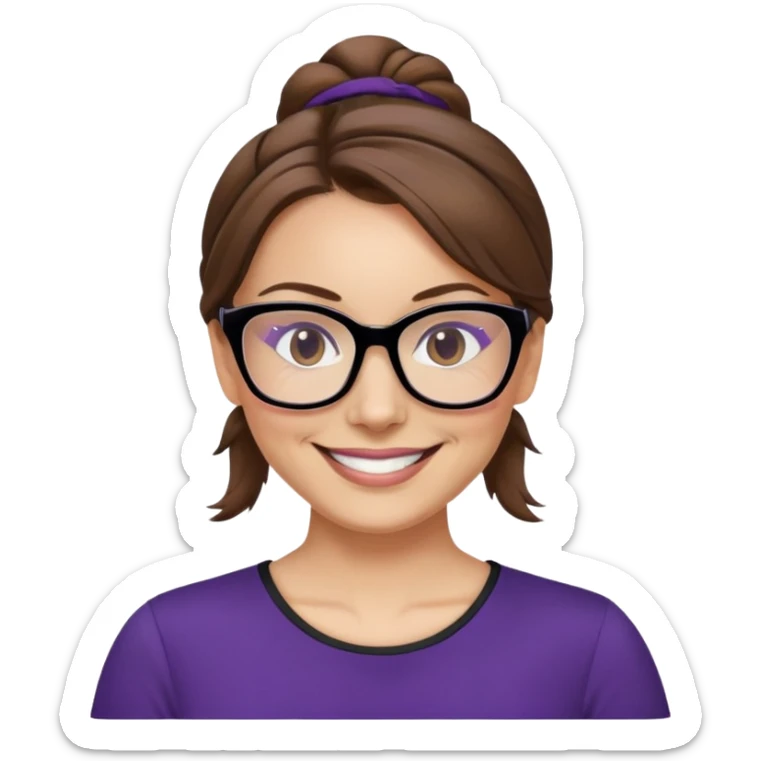 nữ 40 tuổi, da trắng, tóc được buộc gọn gàng lên trên, màu nâu, mặt cười tươi vui vẻ, đeo kính màu đen, áo tím đậm sticker