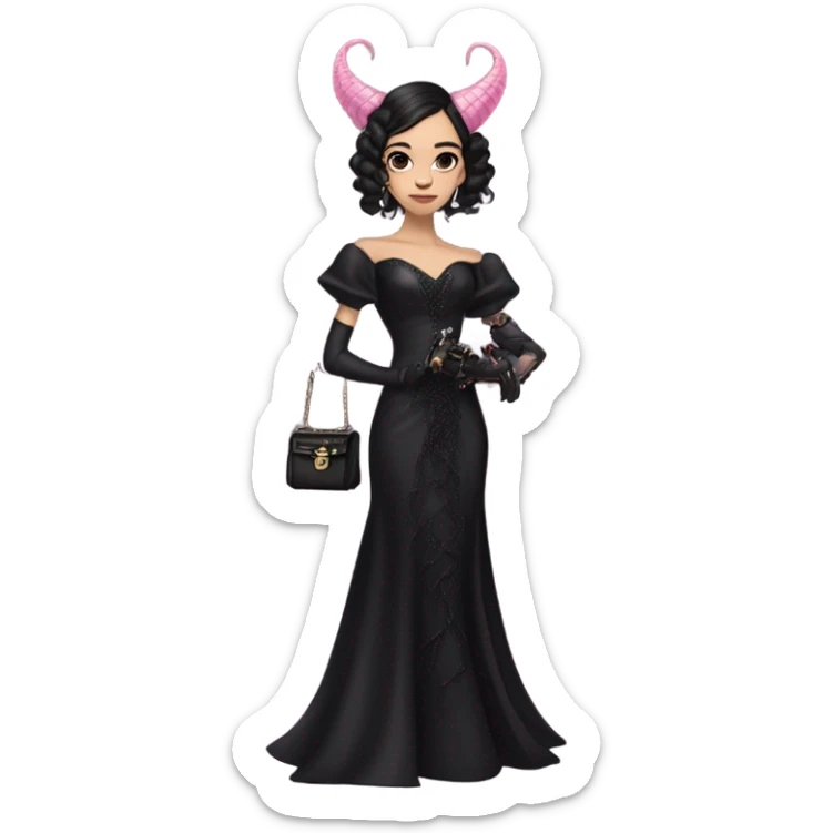 healthy standing flirty Lavish black evening gown with see-through gloves, Jenna Ortega as Addams woman prom queen wearing a steampunk mini tiara, very large blood moon pink evil-looking horned old dragon purse sticker