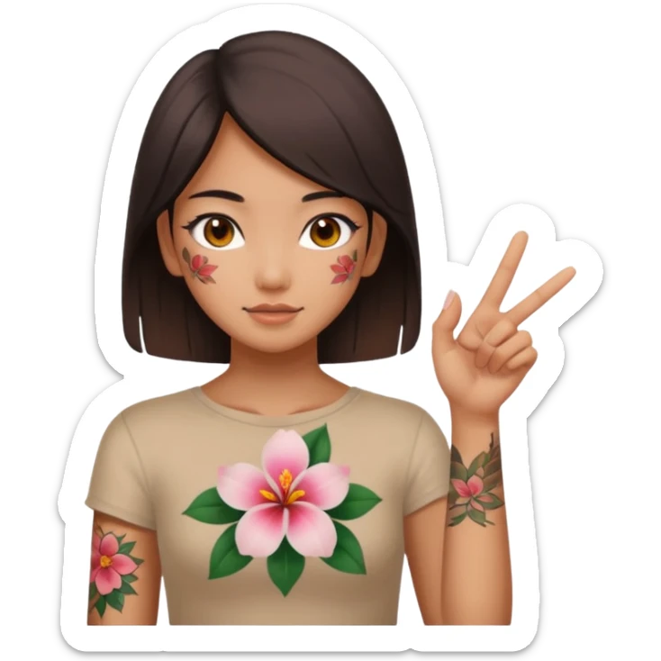 make me an image of a girl from hong kong with brown eyes and a hong kong flower tattoo on her back flipping off the camera sticker