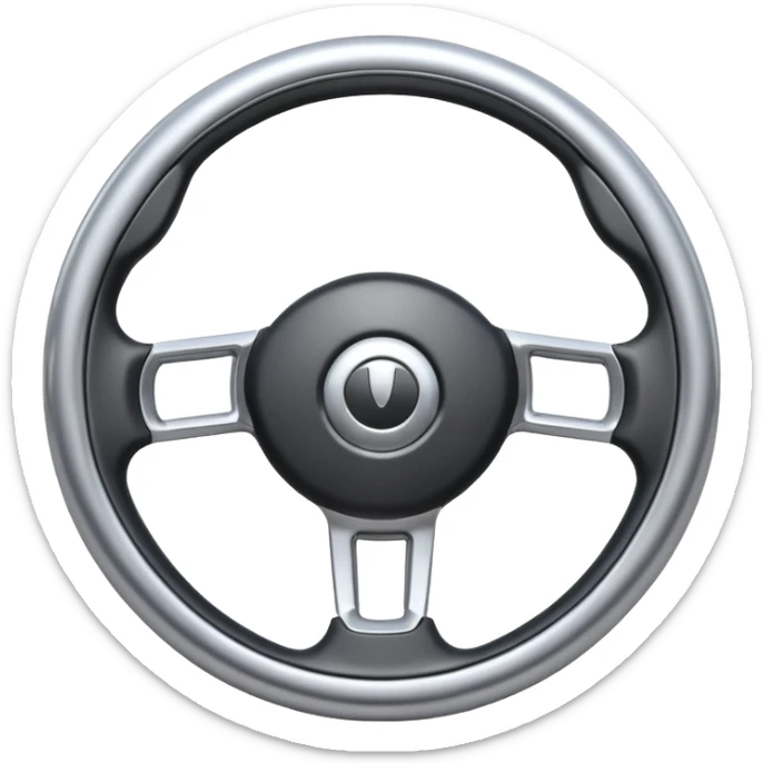 A futuristic steering wheel emoji made of silver chrome, minimal geometric design, smooth metallic surface, soft reflections, iOS emoji style, centered, clean white background sticker