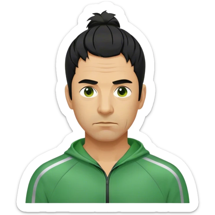 Park is a middle-aged man, around 35 years old, green tracksuit,  His black hair, streaked with strands of gray, is unkempt and damp with sweat. sticker
