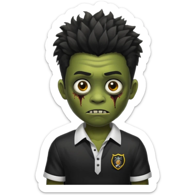 crie um zumbi menino bonito, com aparencia jovem igual, com cabelo preto, curto, com franja, o estilo do cabelo do zumbi seria o mesmo dos meninos de cabelo liso bagunçado do pinterest, faça ele com uma camisa preta sticker
