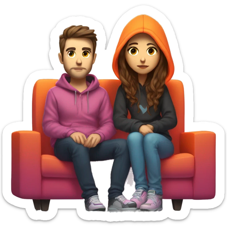 Female girl with long brown hair in mulneon hoodie . gaming with white male guy. shaved brown hair and short scruff in multi neon hoodie . Sitting on a sofa with a TV in a gamer neon room.  I  sticker