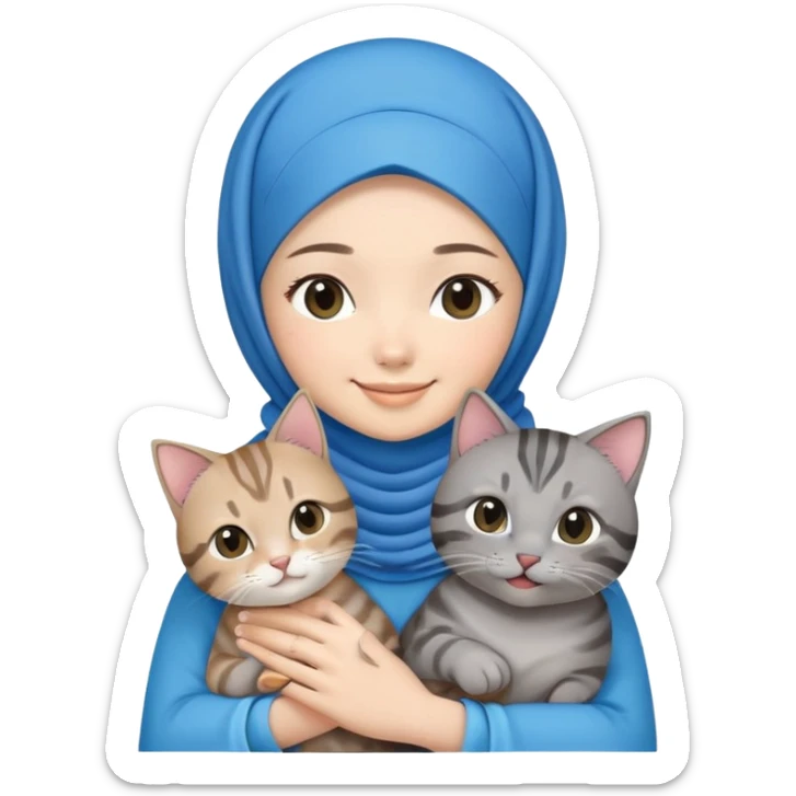 Asian white girl wearing blue hijab with dress holding a black grey tabby cat while smiling sticker