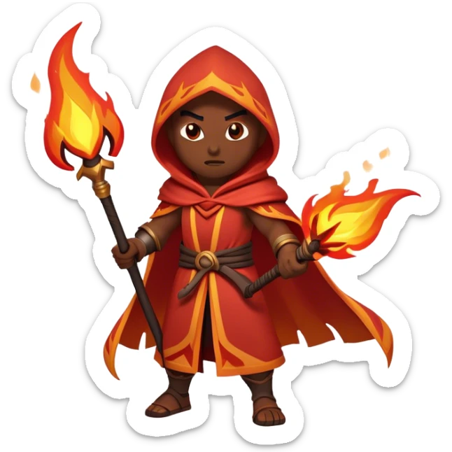 Clash of Clans aesthetic: Cinematic Ferocious Fire Mage Hero closeup Emoji, rendered in a 3D vector-style similar to standard emojis with minimal shading and bold, simplified shapes. A compact, isometric figure draped in flowing, charred and ember-lined robes, wielding a fiery staff crackling with intense flames. Eyes burning with an infernal glow, exuding raw, untamed power. Simplified yet unmistakably iconic, highly detailed and consistent, glowing with a fiery, molten radiance and high shine. Stylized with a touch of menacing sorcery and a searing, ember-infused outline, capturing the essence of a wrathful mage ready to unleash devastating fire magic! sticker