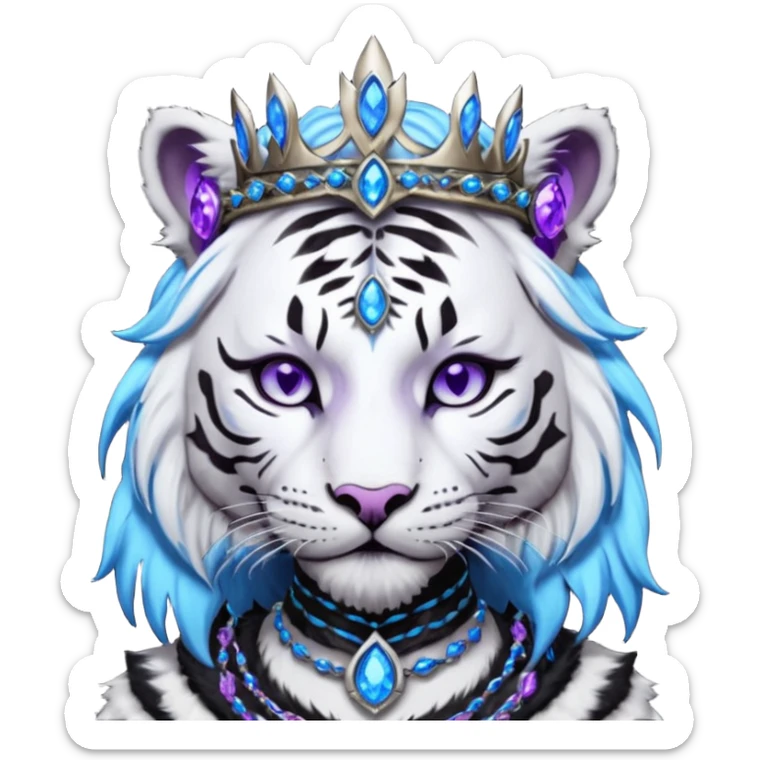 ESO Female white/black tiger khajiit leader of the umbral rose, glowing blue eyes, glowing blue 'third eye' gem, black dreadlocks; silver crown/tiara with purple gems sticker