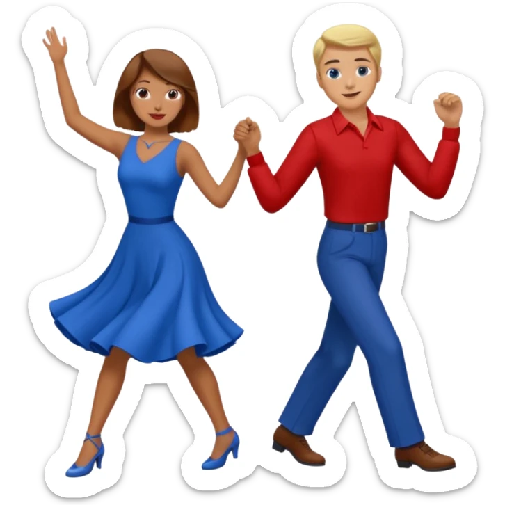 Two people. Man  wearing all red  with brown hair. Women iall blue with blond hair. Swing Dancing.  sticker