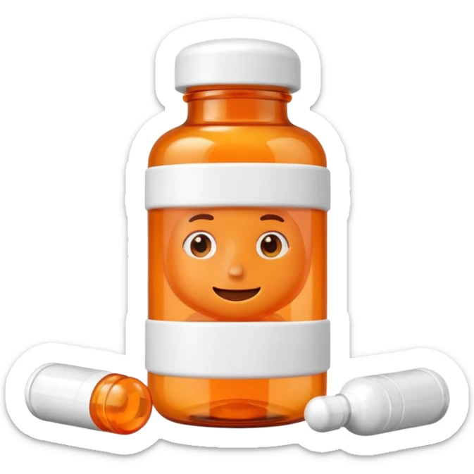 A 3D cartoon medicine bottle with orange transparent body and white cap, filled with pills, soft studio lighting, realistic Memoji-style. sticker