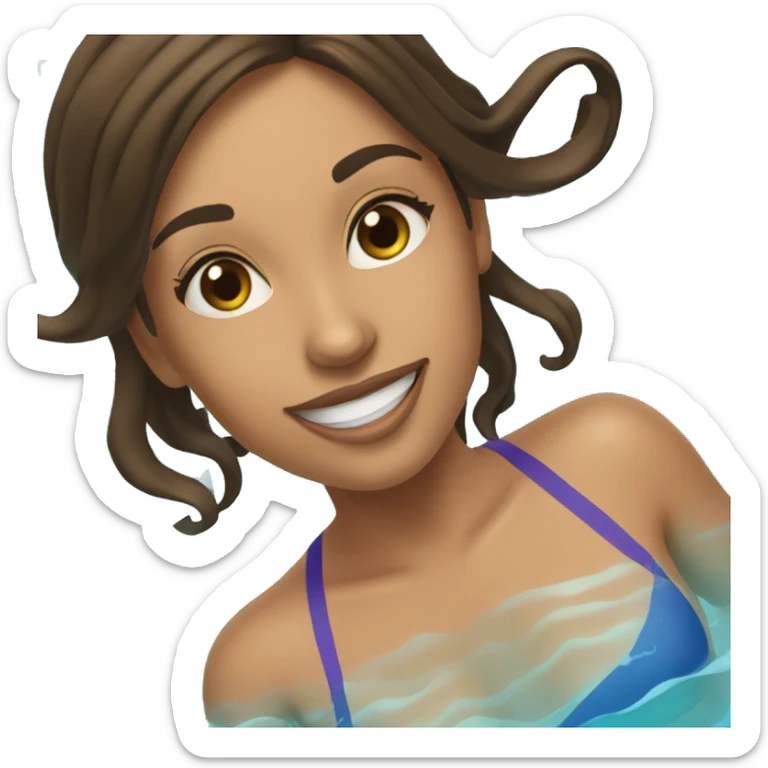 Brunette girl floating in the pool, wearing a tube around her sticker