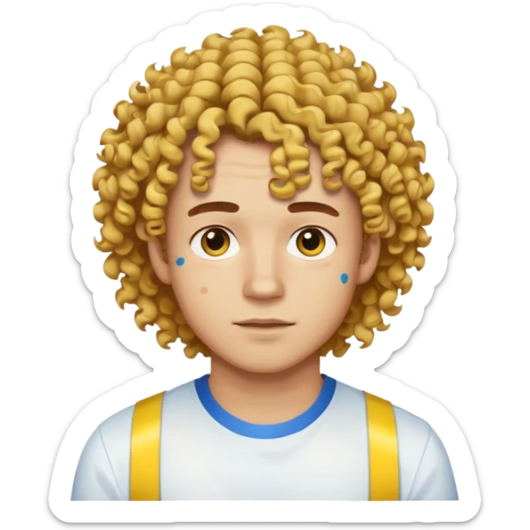 Make me an emoji that has a guy with a white shirt and yellow tape around the shirt with brown and blue spots hair make the hair curly make the yellow tape go around it sticker