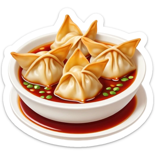 Chengdu Long Chaoshou wonton with red oil sauce on top, simplified emoji style with bold outlines and bright colors, cartoon style Sichuan style wontons sticker