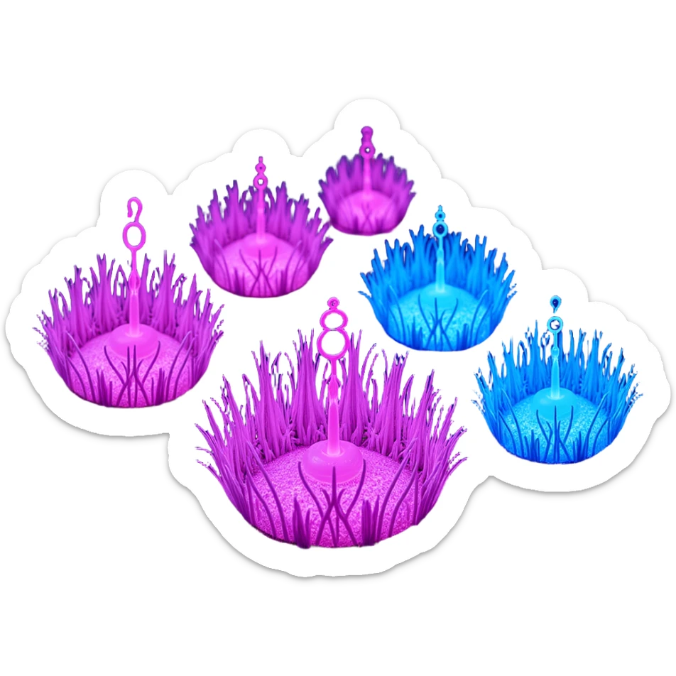 Cyberpunk farm glowing in purple and blue neon lights, wheat fields and vegetables growing from illuminated soil, surreal skeuomorphism style, no robots, atmospheric lighting, night setting sticker