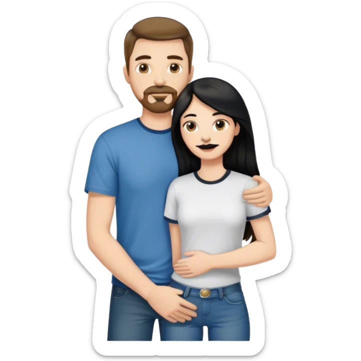 tall white man with brown hair goatee mustache wearing t-shirt and jeans hugging a shorter white woman with long black hair sticker