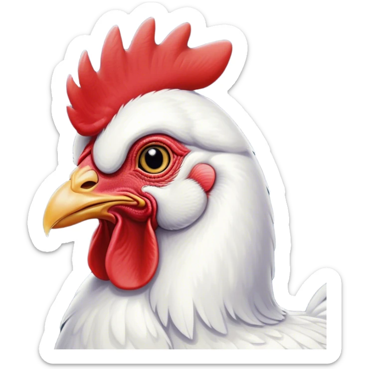 Cinematic Noble White Chicken Portrait Emoji, Poised and regal, with a compact, sturdy build and a pristine, well-groomed pure white plumage, deep-set soulful beady eyes, Simplified yet sharp and sophisticated features, highly detailed, glowing with a soft, dignified glow, high shine, intelligent and alert, stylized with an air of barnyard elegance, focused and attentive, soft glowing outline, capturing the essence of a watchful and confident fowl, so majestic it feels as though it could strut out of the screen with effortless authority! sticker