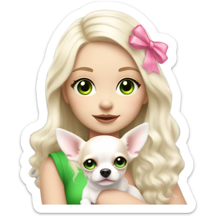 pale blond yt girl with wavy long platinum white hair with bright green eyes holding a white chihuahua puppy that wearing a pink bow sticker