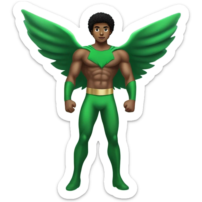 shirtless Muscular Afro teenage boy standing in a green superhero landing costume as the Sub Mariner or Prince Namor with “wings on each ankle. sticker
