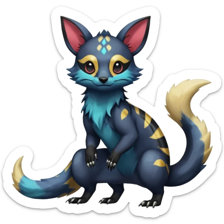 Rare exotic cute epic aesthetic colorful Salandit-Eevee-Civet-species-Fakemon-hybrid-creature, with markings, full body sticker
