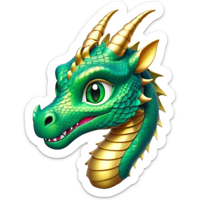 Cinematic Cute Dragon Portrait Emoji, Head tilted playfully and inquisitively, featuring a sleek, serpentine form adorned with iridescent scales that shift between emerald and gold, a delicate set of subtle horns, and round, sparkling eyes full of curious magic; rendered with realistic detail and warm natural light, high shine, affectionate and enchanting, styled with a touch of whimsical fantasy, soft glowing outline, capturing the essence of a mischievous yet lovable dragon that seems poised to slither playfully into your arms! sticker