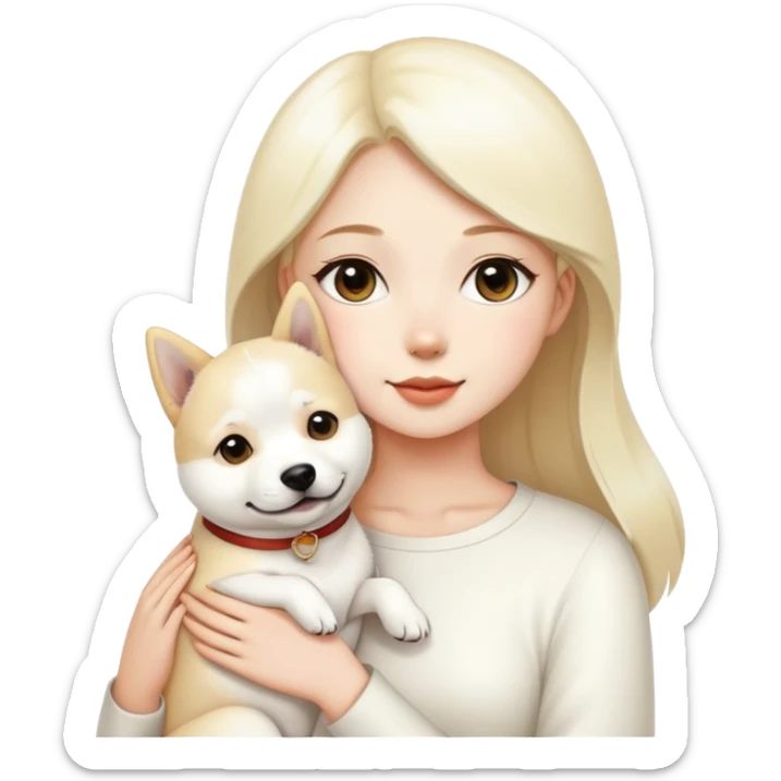 A beautiful girl holding a white Labrador and a white Shiba Inu sticker