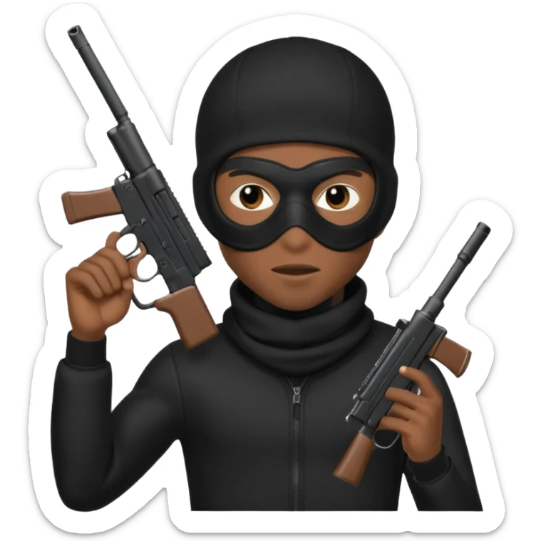 A young African male wearing a ski mask in full black clothing, holding a micro Draco gun in the air carelessly sticker