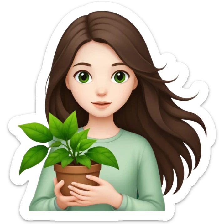 beautiful pale brunette girl with long hair holding plants  sticker