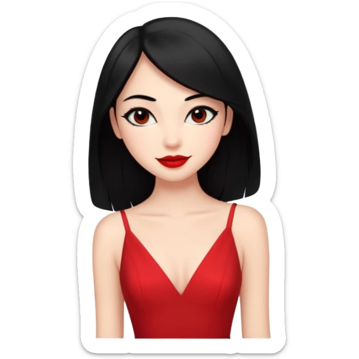 Chica súper joven y delgada con delineado con vestido rojo escotado en la espalda y pelo semi largo negro, con sonrisa coqueta sticker