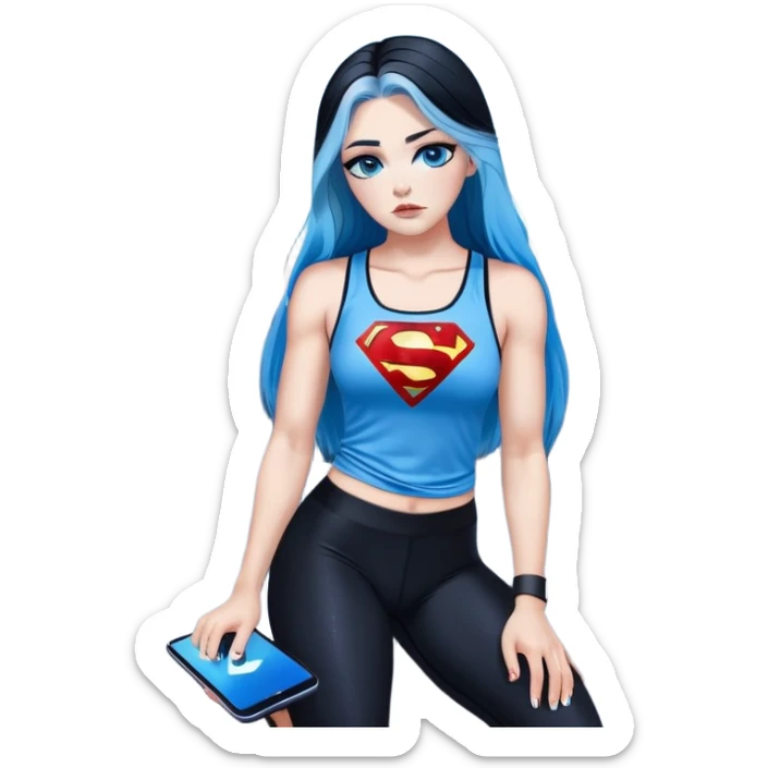 Shameful disappointed crying-very very very very big chest-texting on a samsung cell phone-very long straight flowing black to sky blue hair ombre-blue eyes-black eyeliner-long eyelashes-plastic sparkling sky blue very low cut tank top with sparkling superman logo-black leggings-nike sneakers sticker